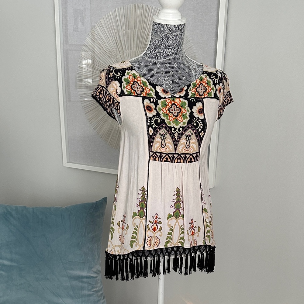 Anthro Floral Embroidered Women's Top with Black Fringe